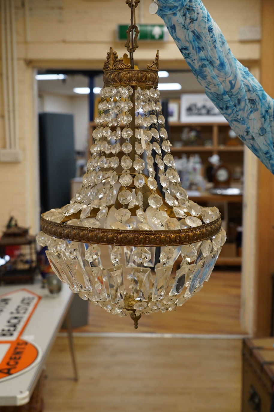 A gilt metal and lustre glass bag chandelier. Condition - fair